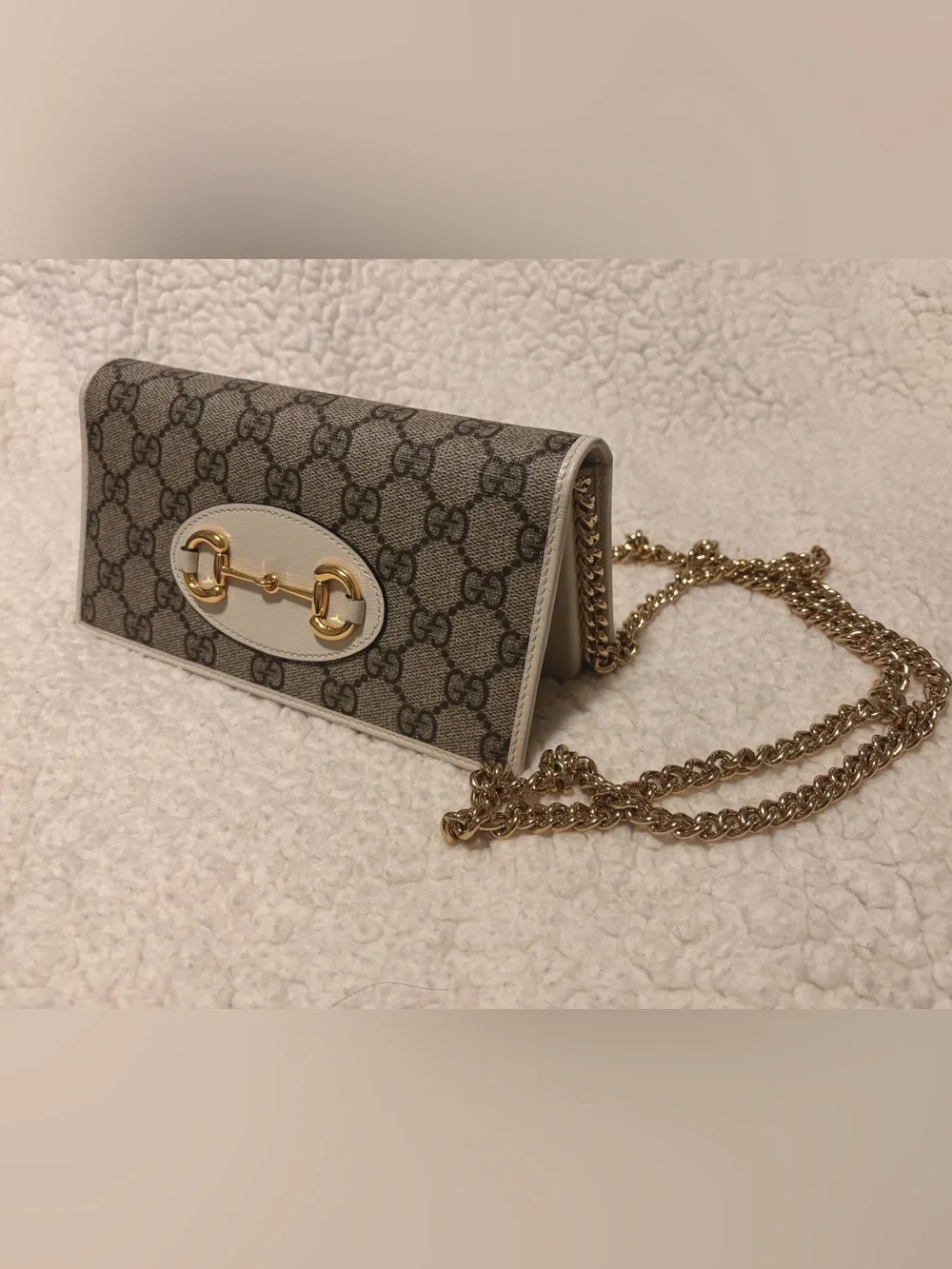 Gucci Beige GG Supreme Crossbody with White Leather Trim and Gold Chain